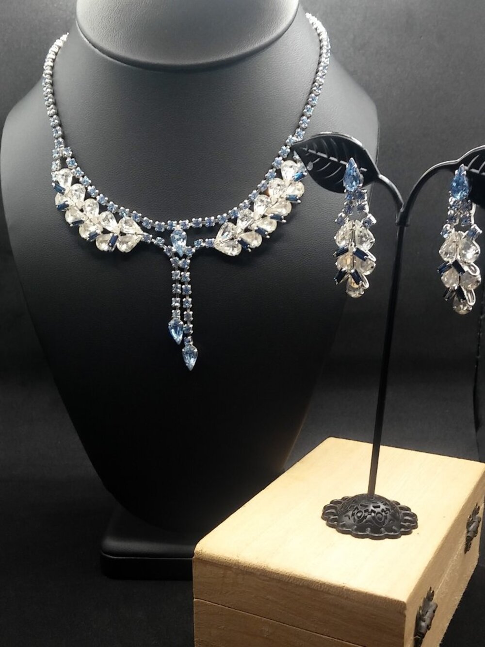 Vintage Rhinestone Layered Necklace Screw Back Earrings Set Blue Wedding Formal